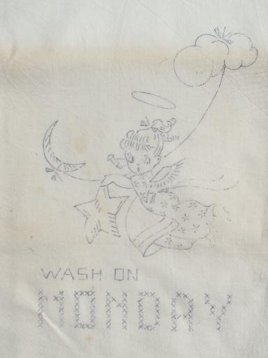 photo of old floursack feed sack towels, kitchen angels days of the week to embroider #3