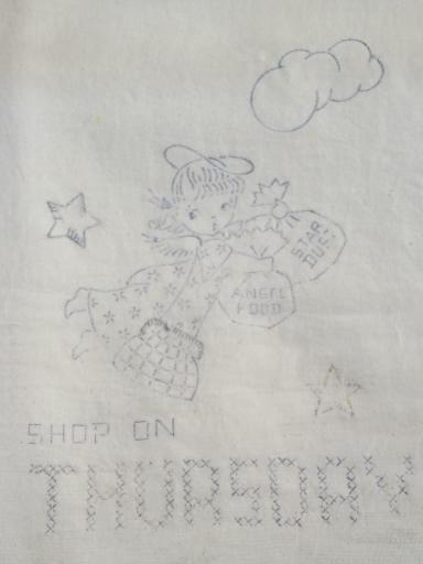 photo of old floursack feed sack towels, kitchen angels days of the week to embroider #6