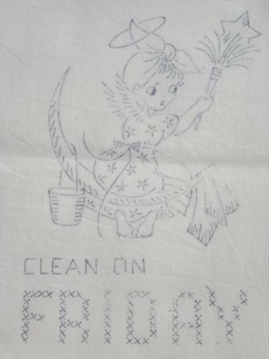 photo of old floursack feed sack towels, kitchen angels days of the week to embroider #7