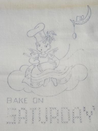 photo of old floursack feed sack towels, kitchen angels days of the week to embroider #8