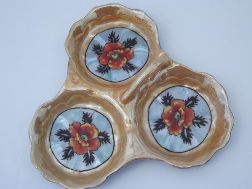 photo of old flower mark hand-painted made in Japan china tidbit server w/ handle #1