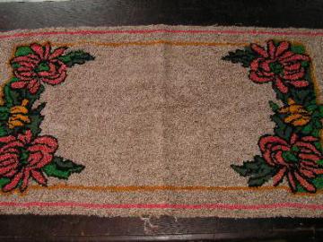 catalog photo of old flowered hooked rug, wool yarn