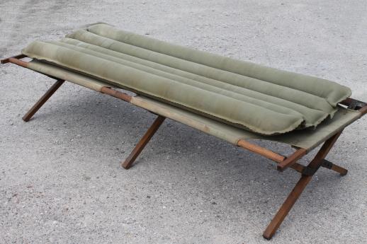 photo of old folding camp cot, WWII vintage wood & canvas army cot portable field gear camping bed #1