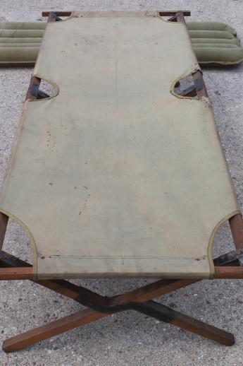 photo of old folding camp cot, WWII vintage wood & canvas army cot portable field gear camping bed #4