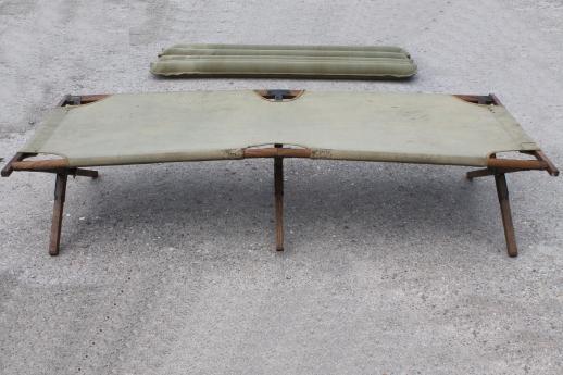 photo of old folding camp cot, WWII vintage wood & canvas army cot portable field gear camping bed #5