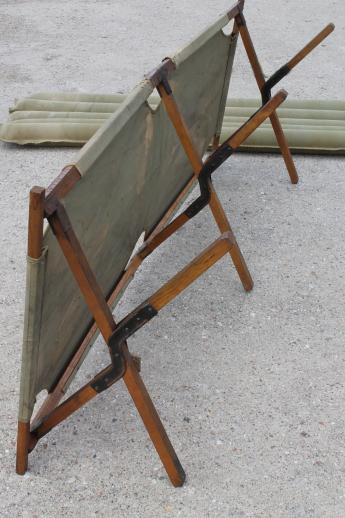 photo of old folding camp cot, WWII vintage wood & canvas army cot portable field gear camping bed #7