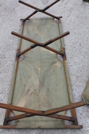 photo of old folding camp cot, WWII vintage wood & canvas army cot portable field gear camping bed #8