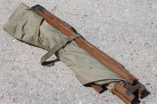 photo of old folding camp cot, WWII vintage wood & canvas army cot portable field gear camping bed #10