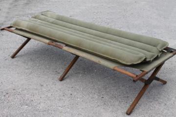 catalog photo of old folding camp cot, WWII vintage wood & canvas army cot portable field gear camping bed