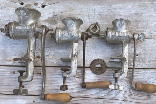 photo of old food chopper / meat grinder lot, Universal, Keystone, Climax hand crank grinders #1