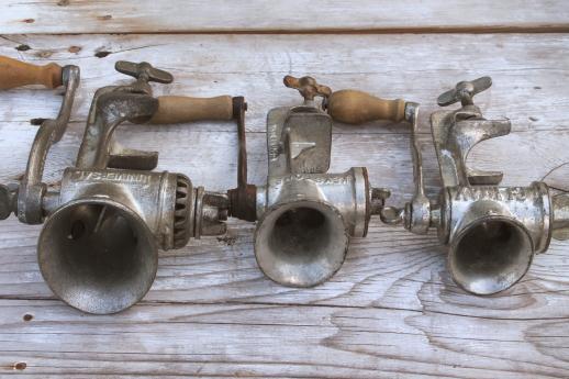 photo of old food chopper / meat grinder lot, Universal, Keystone, Climax hand crank grinders #2