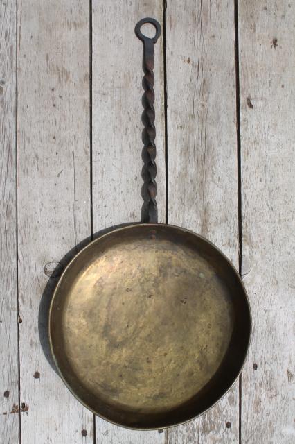 photo of old forged iron handle solid brass chestnut pan or bedwarmer to hold hot coals #1