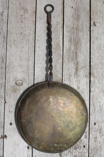 photo of old forged iron handle solid brass chestnut pan or bedwarmer to hold hot coals #3