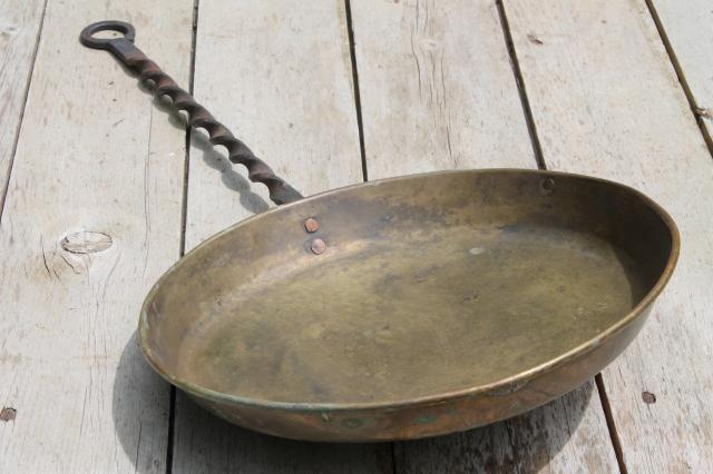photo of old forged iron handle solid brass chestnut pan or bedwarmer to hold hot coals #4