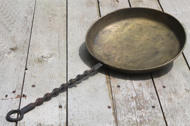 photo of old forged iron handle solid brass chestnut pan or bedwarmer to hold hot coals #5