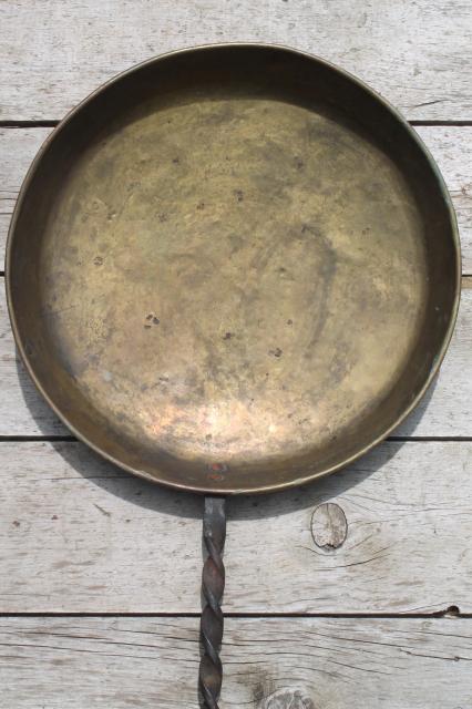 photo of old forged iron handle solid brass chestnut pan or bedwarmer to hold hot coals #6