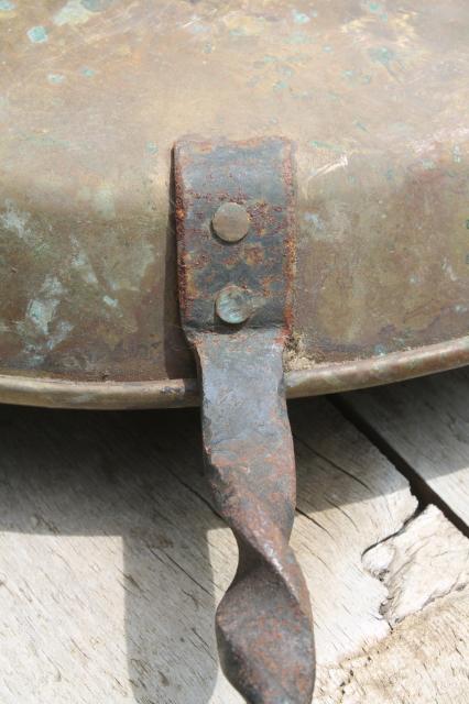 photo of old forged iron handle solid brass chestnut pan or bedwarmer to hold hot coals #9