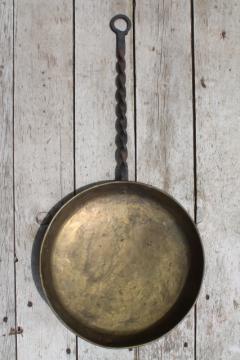 catalog photo of old forged iron handle solid brass chestnut pan or bedwarmer to hold hot coals