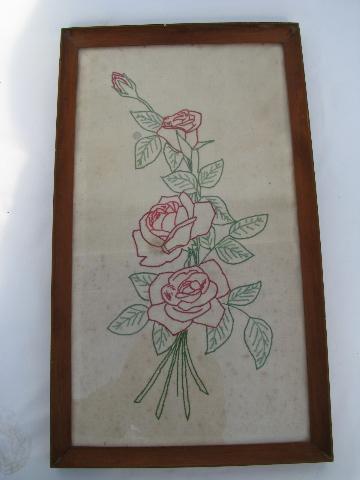 photo of old framed needle work picture, vintage roses embroidery #1