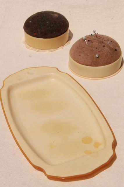 photo of old french ivory celluloid dresser tray and two big round pincushion hat pin holders #3