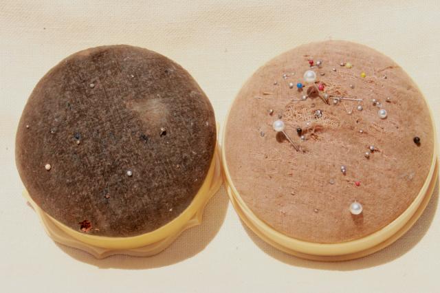 photo of old french ivory celluloid dresser tray and two big round pincushion hat pin holders #6