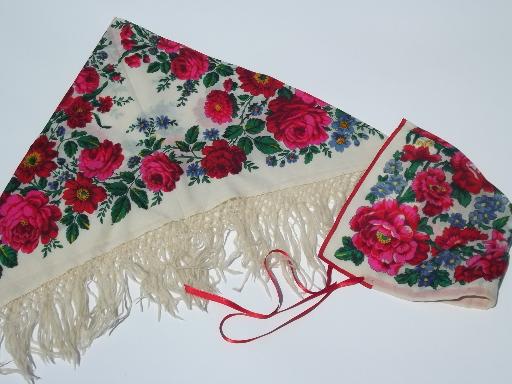 photo of old fringed shawl and cap bonnet w/ pink roses, vintage wool challis fabric #1