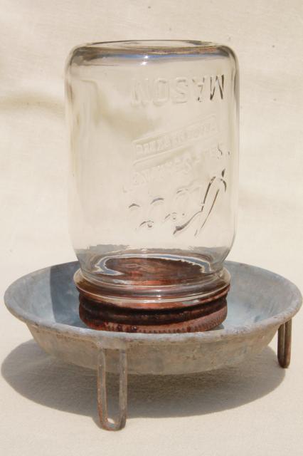 photo of old galvanized zinc farm chick waterer, chicken drinking fountain w/ glass mason jar #1