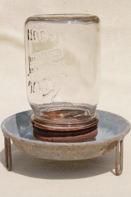 photo of old galvanized zinc farm chick waterer, chicken drinking fountain w/ glass mason jar #2