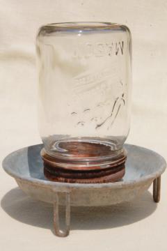 catalog photo of old galvanized zinc farm chick waterer, chicken drinking fountain w/ glass mason jar