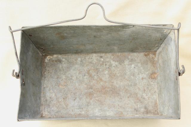 photo of old galvanized zinc metal tool tote box w/ wire handle, rustic primitive vintage patina #7