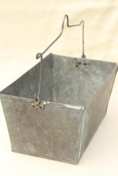 catalog photo of old galvanized zinc metal tool tote box w/ wire handle, rustic primitive vintage patina