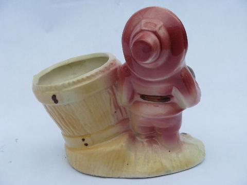 photo of old garden gnome vintage pottery planter, dwarf w/ hat & flower pot #2