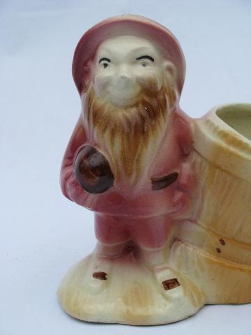 photo of old garden gnome vintage pottery planter, dwarf w/ hat & flower pot #3