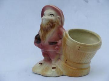 catalog photo of old garden gnome vintage pottery planter, dwarf w/ hat & flower pot