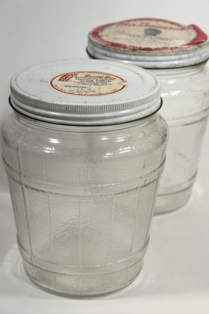 photo of old glass barrel herring jars, primitive country vintage kitchen / pantry storage canisters #1