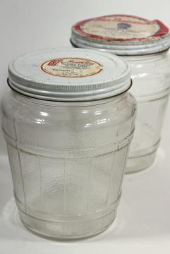 old glass barrel herring jars, primitive country vintage kitchen / pantry storage canisters