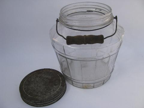 photo of old glass barrel pickle canister jar w/ wood handle, vintage kitchen #2