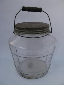 catalog photo of old glass barrel pickle canister jar w/ wood handle, vintage kitchen