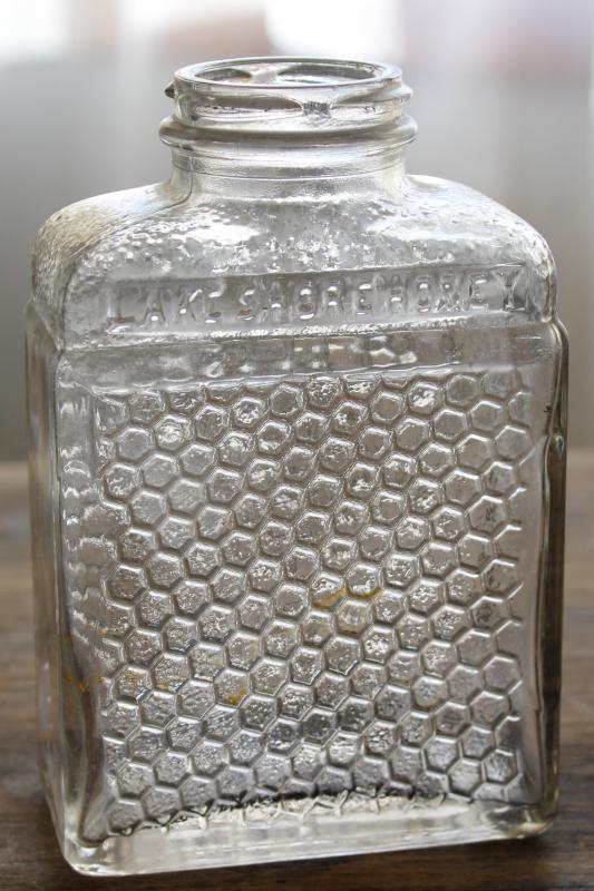 photo of old glass bottle Lake Shore Honey embossed honeycomb texture, 1930s vintage #1