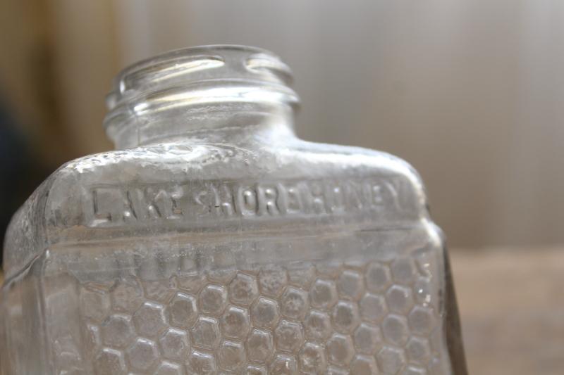 photo of old glass bottle Lake Shore Honey embossed honeycomb texture, 1930s vintage #2