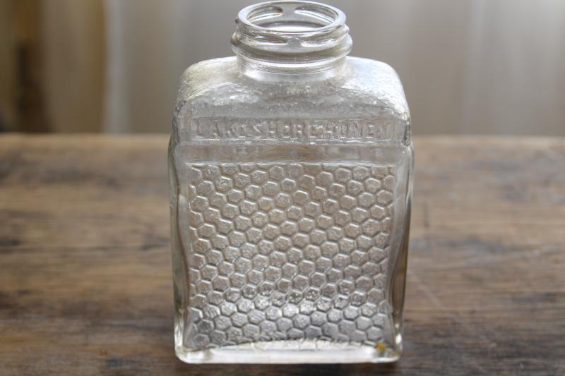 photo of old glass bottle Lake Shore Honey embossed honeycomb texture, 1930s vintage #4