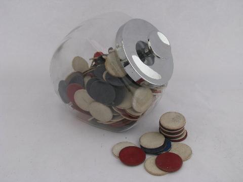 photo of old glass canister jar of vintage poker chips, red, white & blue #1