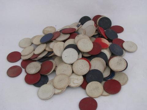 photo of old glass canister jar of vintage poker chips, red, white & blue #2