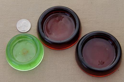 photo of old glass furniture coasters sliders, vintage green depression / amber/ clear glass #2