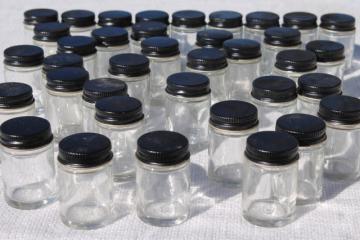 catalog photo of old glass jars w/ metal lids, vintage lab bottles for beads, glitter, craft supply storage