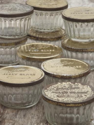 photo of old glass jelly mold preserves jar lot, vintage jelly glasses w/ metal lids #1