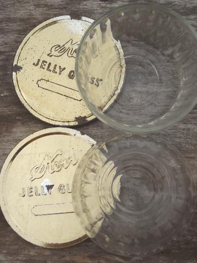 photo of old glass jelly mold preserves jar lot, vintage jelly glasses w/ metal lids #2