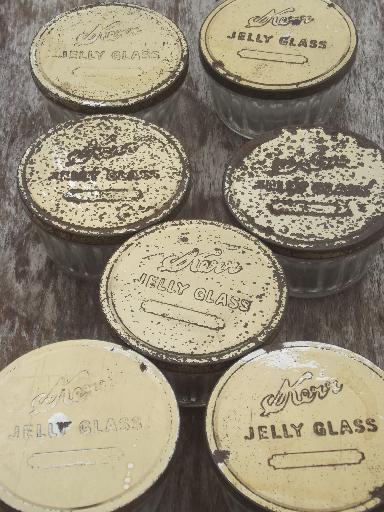 photo of old glass jelly mold preserves jar lot, vintage jelly glasses w/ metal lids #3