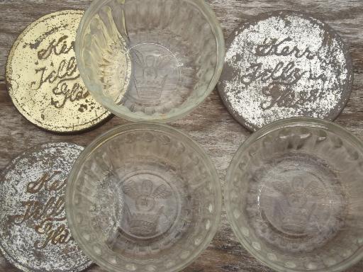 photo of old glass jelly mold preserves jar lot, vintage jelly glasses w/ metal lids #6