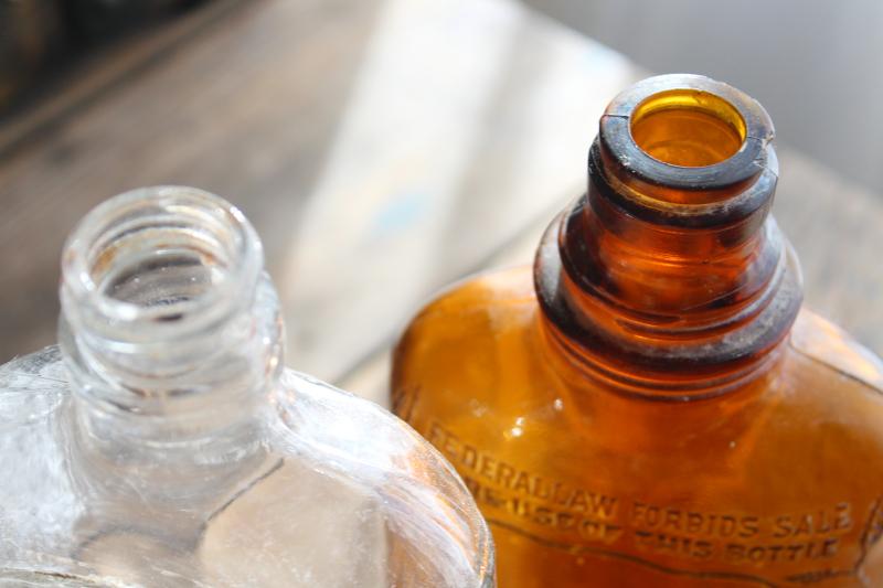 photo of old glass liquor bottles, fancy embossed pattern glass wine & whiskey bottle flasks #8